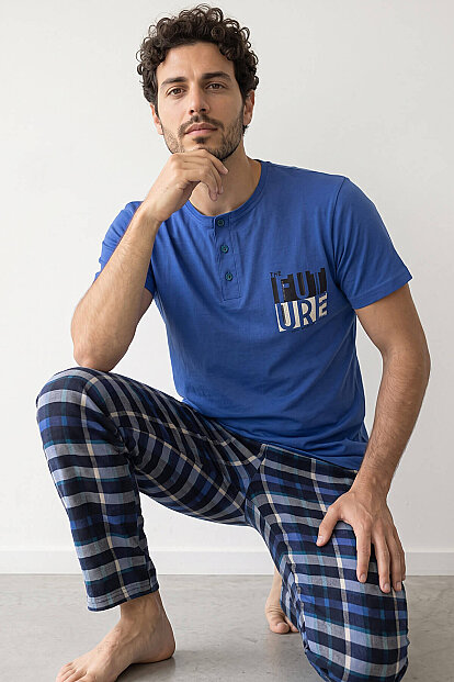 Koyu Mavi Ekose Future Desenli Kısa Kollu Erkek Pijama Takımı 