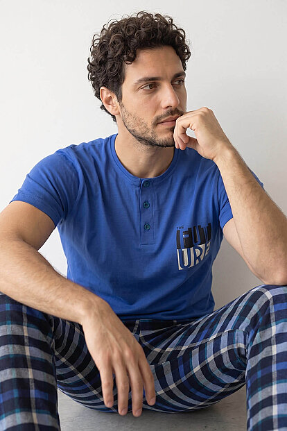 Koyu Mavi Ekose Future Desenli Kısa Kollu Erkek Pijama Takımı - 4
