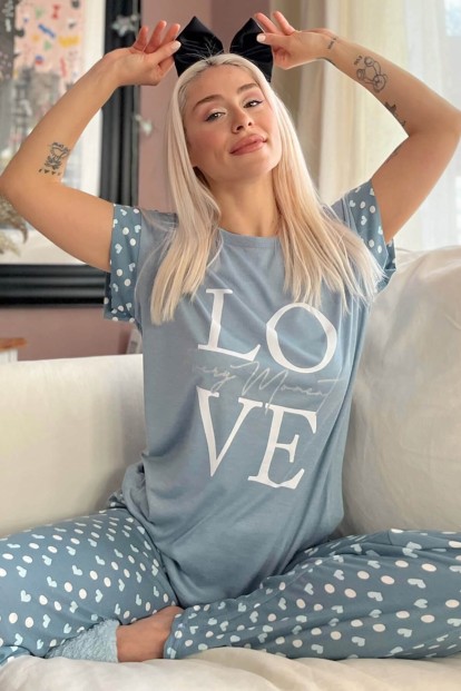 Koyu Mavi Love Baskılı Örme Kısa Kol Kadın Pijama Takımı - 1
