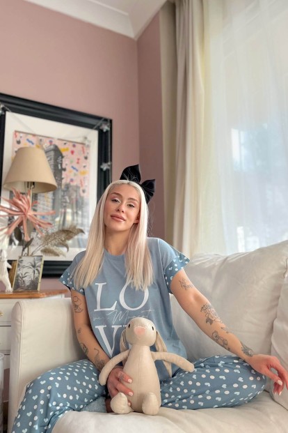 Koyu Mavi Love Baskılı Örme Kısa Kol Kadın Pijama Takımı - 2