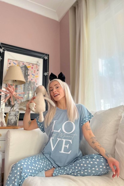Koyu Mavi Love Baskılı Örme Kısa Kol Kadın Pijama Takımı - 3