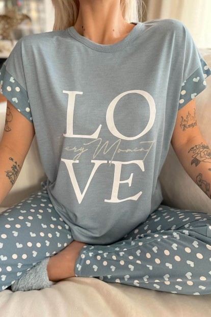Koyu Mavi Love Baskılı Örme Kısa Kol Kadın Pijama Takımı - 4