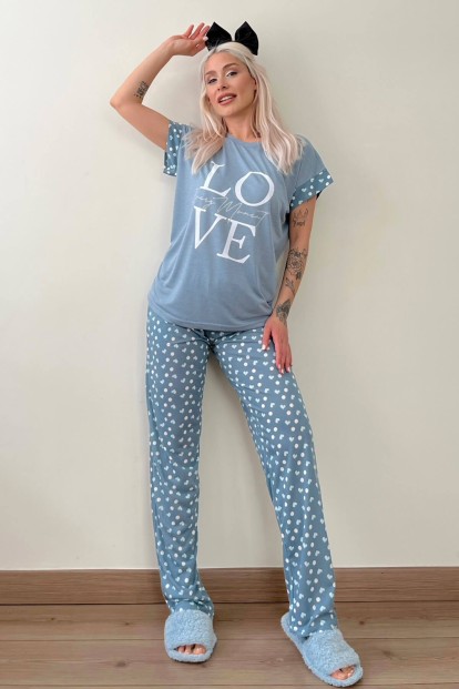 Koyu Mavi Love Baskılı Örme Kısa Kol Kadın Pijama Takımı - 5