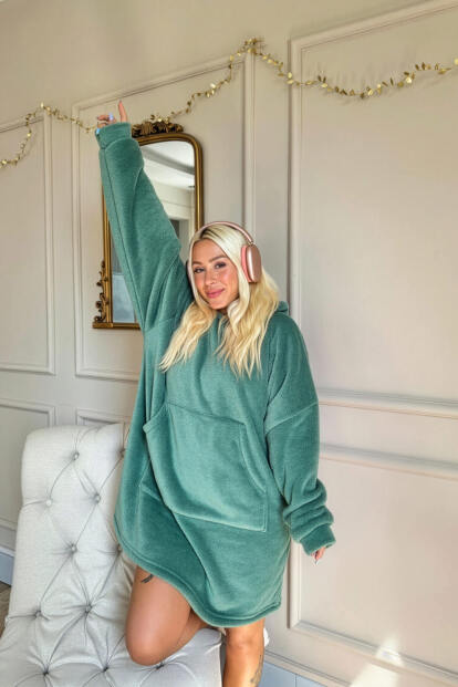 Koyu Mint Kapşonlu Tam Peluş Oversize Sweat Panço Pijama - 2