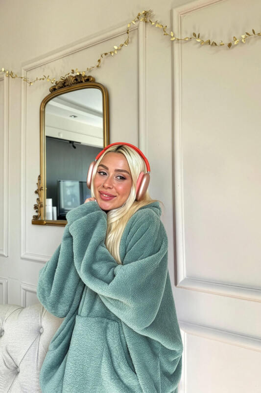 Koyu Mint Kapşonlu Tam Peluş Oversize Sweat Panço Pijama - Pijamaevi (2)