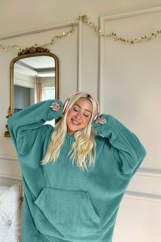 Koyu Mint Kapşonlu Tam Peluş Oversize Sweat Panço Pijama - Pijamaevi (3)