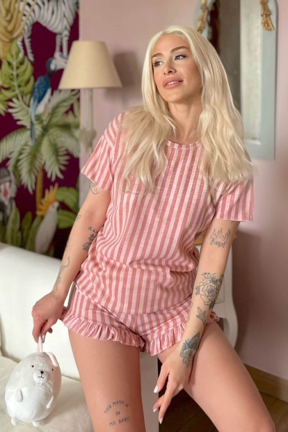 Koyu Pembe Çizgili Baskılı Şortlu Kadın Pijama Takımı - 1