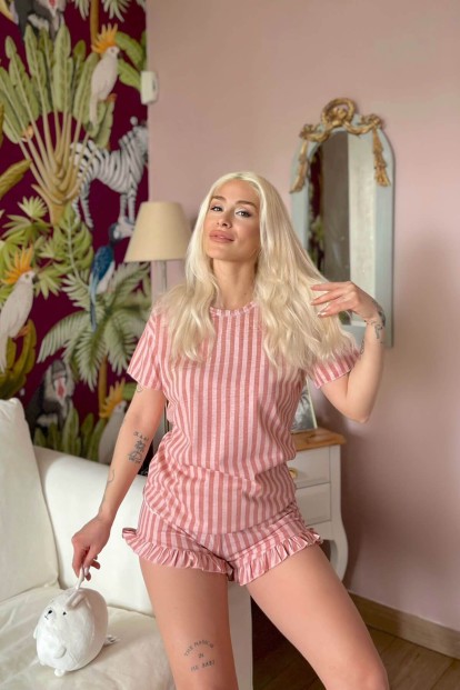 Koyu Pembe Çizgili Baskılı Şortlu Kadın Pijama Takımı - 2