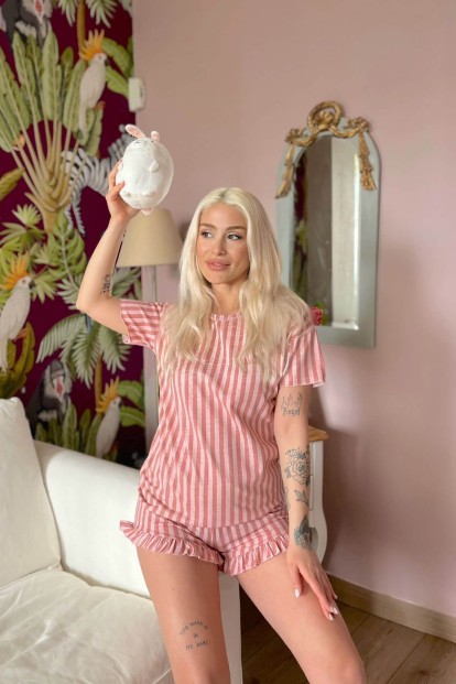 Koyu Pembe Çizgili Baskılı Şortlu Kadın Pijama Takımı - 3