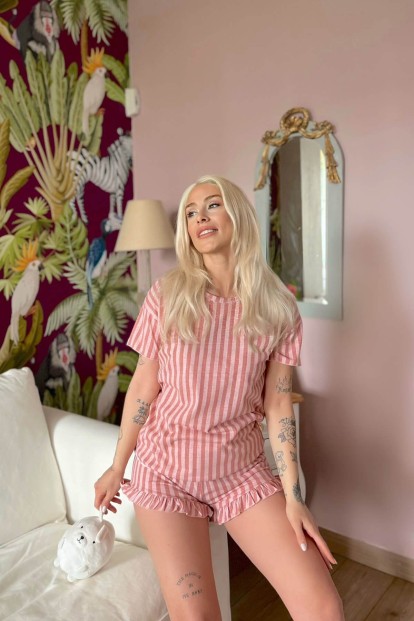 Koyu Pembe Çizgili Baskılı Şortlu Kadın Pijama Takımı - 4