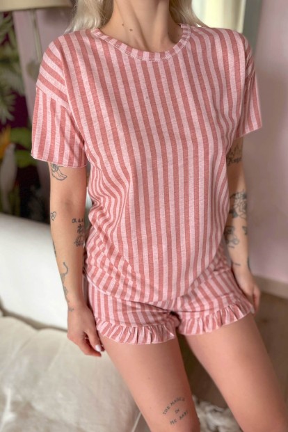 Koyu Pembe Çizgili Baskılı Şortlu Kadın Pijama Takımı - 5