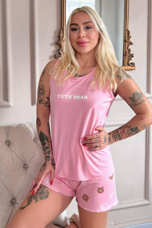 Koyu Pembe Cute Desenli Bambu Sıfır Kol Şortlu Kadın Pijama Takımı - Pijamaevi