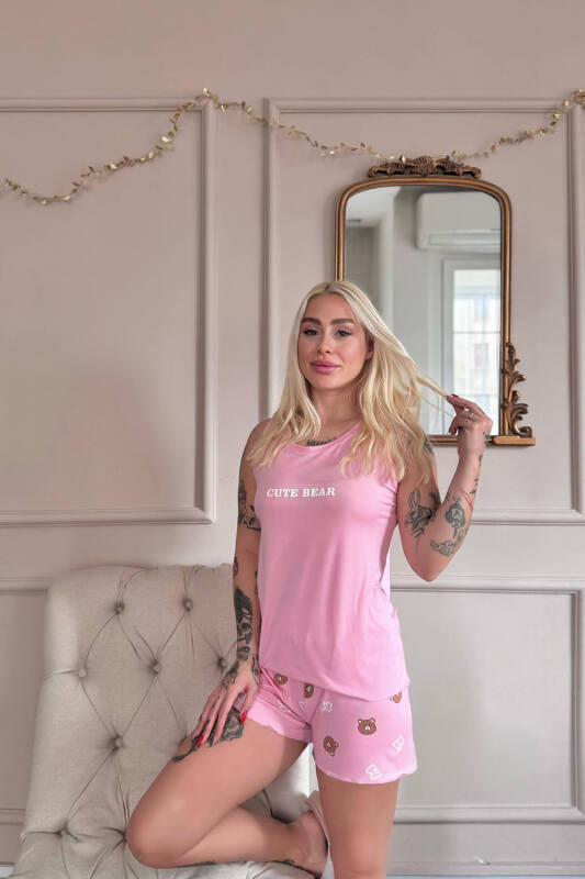Koyu Pembe Cute Desenli Bambu Sıfır Kol Şortlu Kadın Pijama Takımı - Pijamaevi (2)