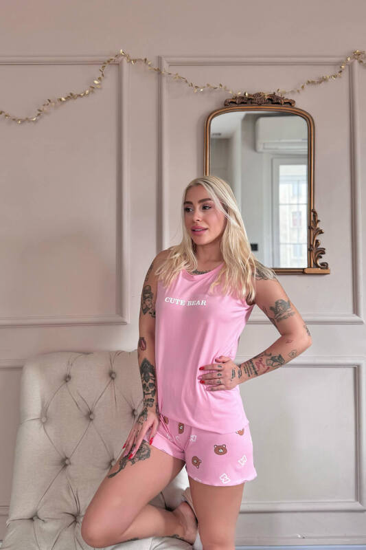 Koyu Pembe Cute Desenli Bambu Sıfır Kol Şortlu Kadın Pijama Takımı - Pijamaevi (3)