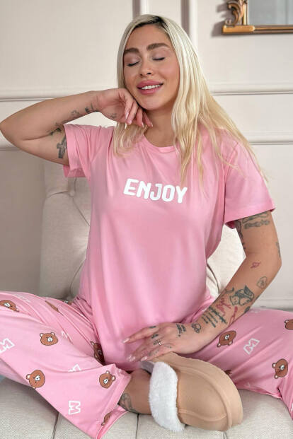 Koyu Pembe Enjoy Desenli Bambu Kısa Kol Kadın Pijama Takımı 