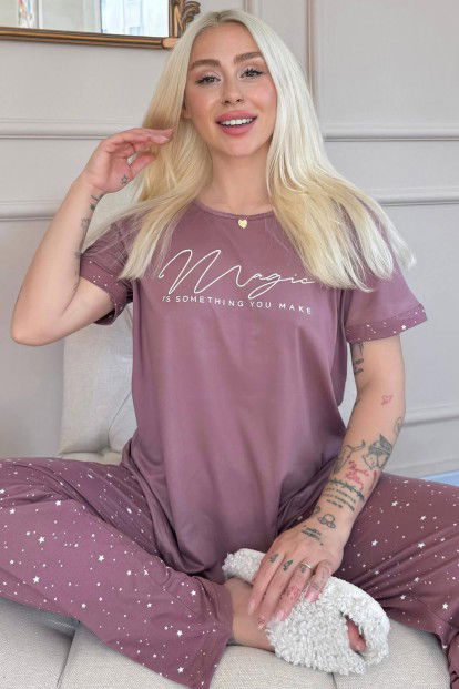 Koyu Pembe Magic Desenli Bambu Kısa Kol Kadın Pijama Takımı 