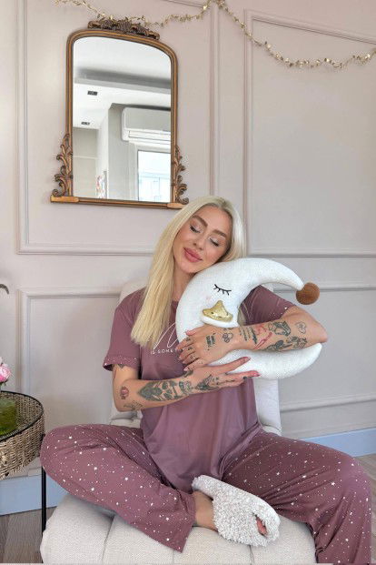 Koyu Pembe Magic Desenli Bambu Kısa Kol Kadın Pijama Takımı - 3