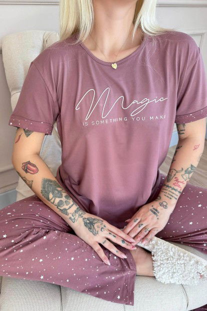 Koyu Pembe Magic Desenli Bambu Kısa Kol Kadın Pijama Takımı - 5