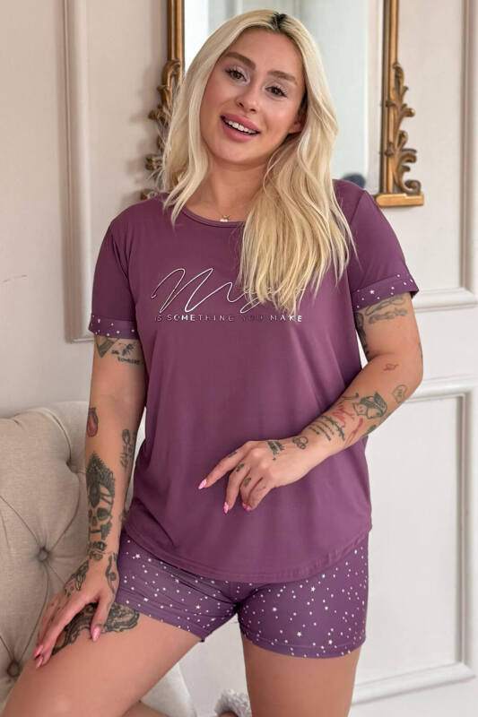 Koyu Pembe Magic Desenli Bambu Kısa Kol Şortlu Kadın Pijama Takımı - Pijamaevi