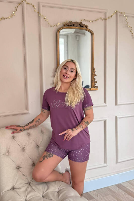 Koyu Pembe Magic Desenli Bambu Kısa Kol Şortlu Kadın Pijama Takımı - Pijamaevi (1)