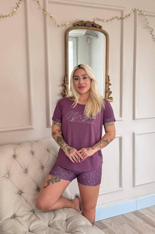 Koyu Pembe Magic Desenli Bambu Kısa Kol Şortlu Kadın Pijama Takımı - Pijamaevi (2)