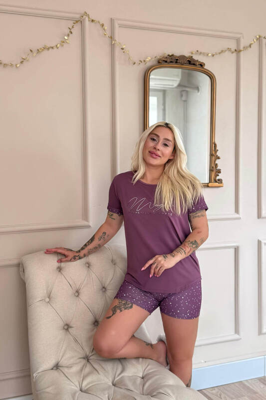 Koyu Pembe Magic Desenli Bambu Kısa Kol Şortlu Kadın Pijama Takımı - Pijamaevi (3)