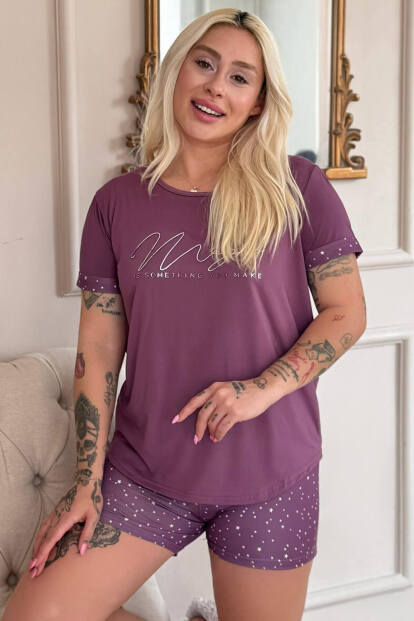 Koyu Pembe Magic Desenli Bambu Kısa Kol Şortlu Kadın Pijama Takımı - 6