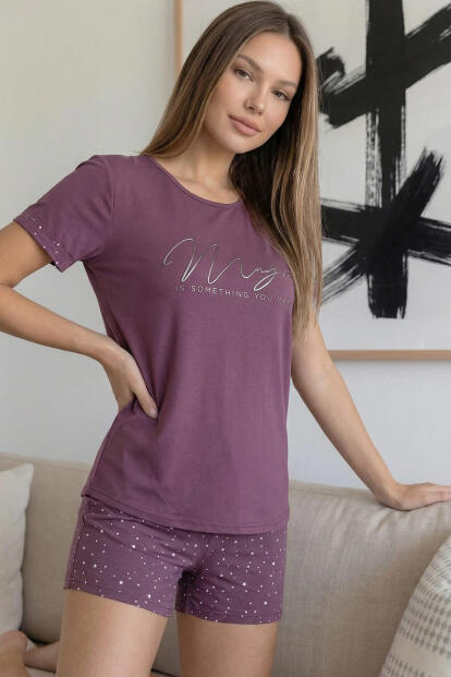 Koyu Pembe Magic Desenli Bambu Kısa Kol Şortlu Kadın Pijama Takımı - 3