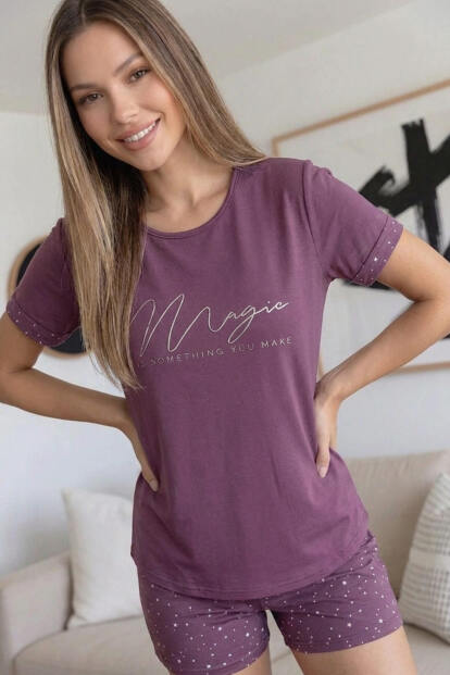 Koyu Pembe Magic Desenli Bambu Kısa Kol Şortlu Kadın Pijama Takımı - 4