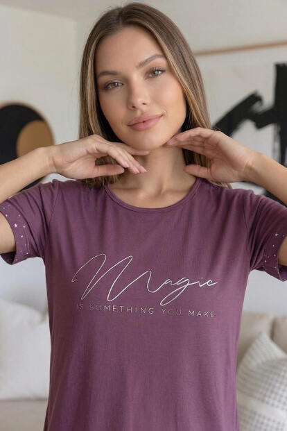 Koyu Pembe Magic Desenli Bambu Kısa Kol Şortlu Kadın Pijama Takımı - 5