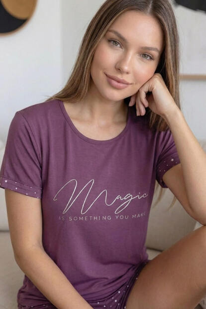 Koyu Pembe Magic Desenli Bambu Kısa Kol Şortlu Kadın Pijama Takımı - 6