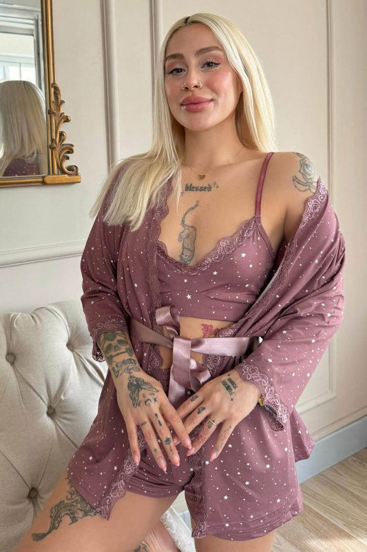 Koyu Pembe Mini Stars Desenli Bambu Crop Sabahlıklı Şortlu Kadın Pijama Takımı - Pijamaevi