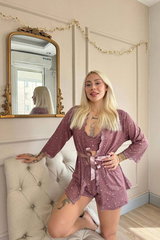 Koyu Pembe Mini Stars Desenli Bambu Crop Sabahlıklı Şortlu Kadın Pijama Takımı - Pijamaevi (1)