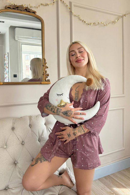 Koyu Pembe Mini Stars Desenli Bambu Crop Sabahlıklı Şortlu Kadın Pijama Takımı - Pijamaevi (2)