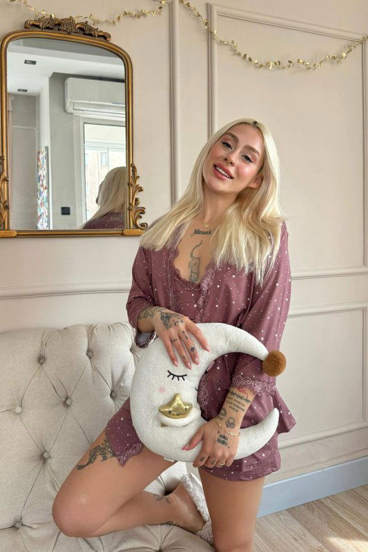 Koyu Pembe Mini Stars Desenli Bambu Crop Sabahlıklı Şortlu Kadın Pijama Takımı - Pijamaevi (3)