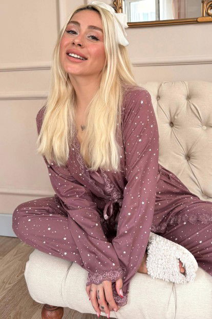 Koyu Pembe Mini Yıldız Desenli Bambu Sabahlıklı Kadın Pijama Takımı - 2