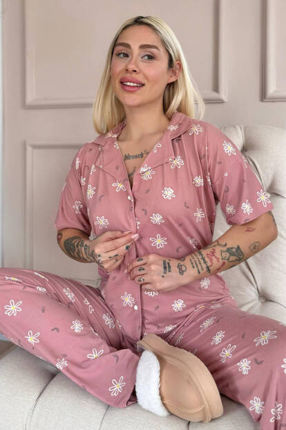 Koyu Pembe Soft Daisy Desenli Bambu Önden Düğmeli Kısa Kol Pijama Takımı - 1