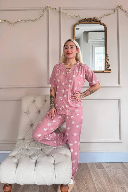 Koyu Pembe Soft Daisy Desenli Bambu Önden Düğmeli Kısa Kol Pijama Takımı - 6