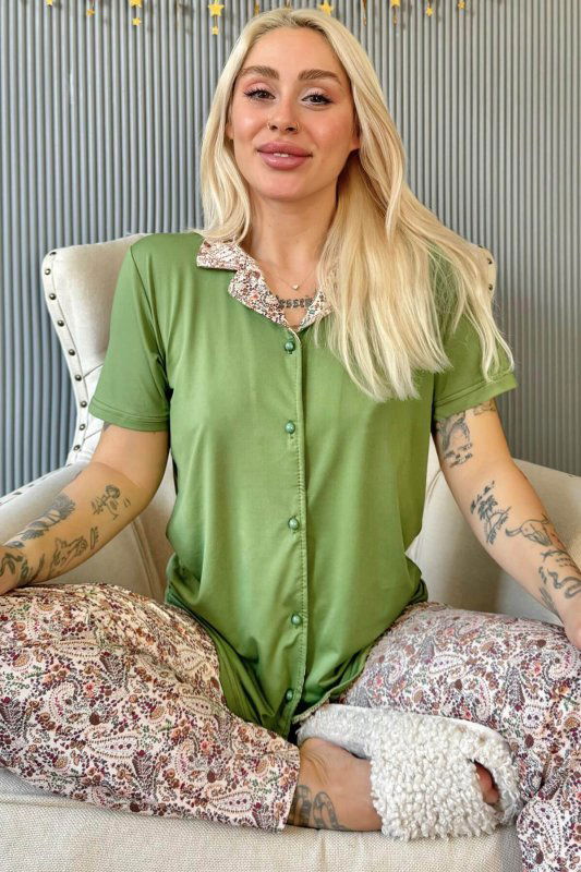 Koyu Yeşil Florado Exclusive Önden Düğmeli Kısa Kollu Kadın Pijama Takımı - Pijamaevi