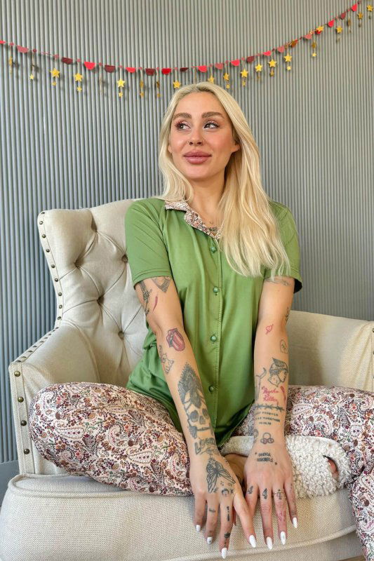 Koyu Yeşil Florado Exclusive Önden Düğmeli Kısa Kollu Kadın Pijama Takımı - Pijamaevi (1)