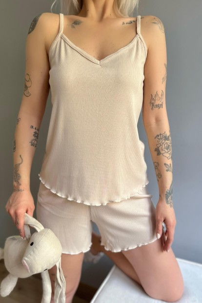 Krem 3'lü Set Önden Düğmeli Uzun ve Askılı Şortlu Pijama Takımı - 5