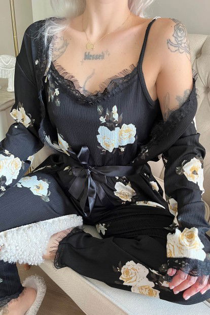 Krem Çiçek Desenli Sabahlıklı Pegasus Pijama Takımı - 4