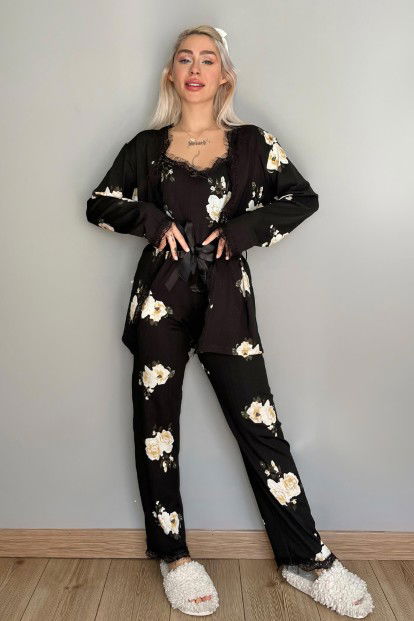 Krem Çiçek Desenli Sabahlıklı Pegasus Pijama Takımı - 5