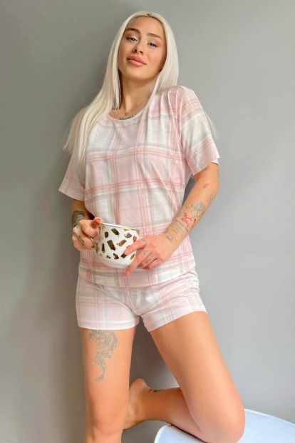 Krem Ekose Baskılı Şortlu Kadın Pijama Takımı - 1