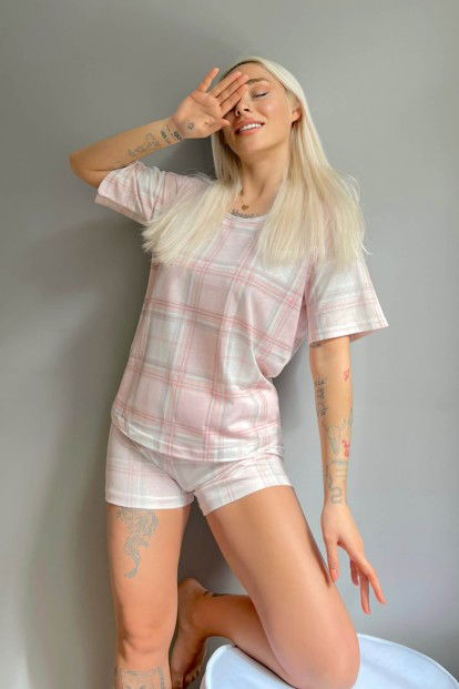 Krem Ekose Baskılı Şortlu Kadın Pijama Takımı - 2