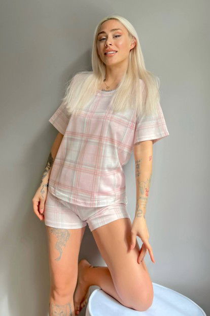 Krem Ekose Baskılı Şortlu Kadın Pijama Takımı - 3