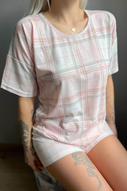 Krem Ekose Baskılı Şortlu Kadın Pijama Takımı - 4