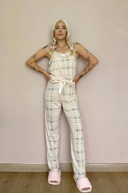 Krem Ekose Dantelli İp Askılı Örme Kadın Pijama Takımı - 4