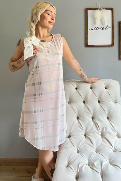 Krem Ekose Desenli Sıfır Kol Kadın Gecelik - 1