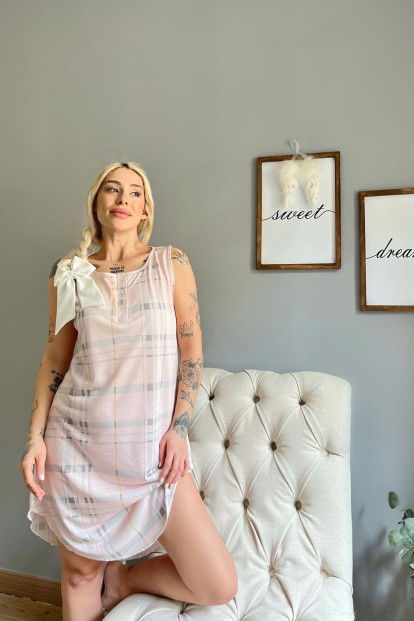 Krem Ekose Desenli Sıfır Kol Kadın Gecelik - 2